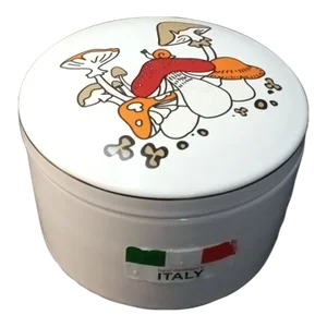 1990s Hand Painted Mushrooms Trinket Box Made in Italy