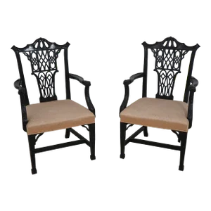 Pair Vintage Chinese Chippendale Black Lacquer Armchairs