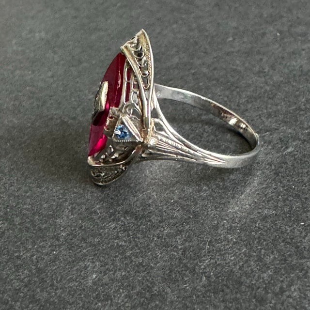 Art Deco 14k White Gold Cocktail Ring Marquis Lab Ruby Filigree Setting Vintage Size 8 For Sale - Image 4 of 12
