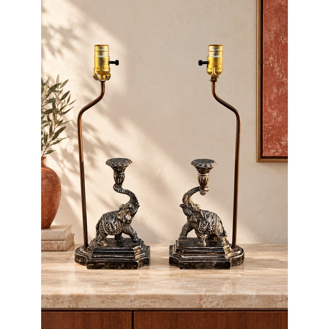 Metal Hollywood Regency Ornate Elephant Sculptural Table Lamps - Pair For Sale - Image 7 of 9