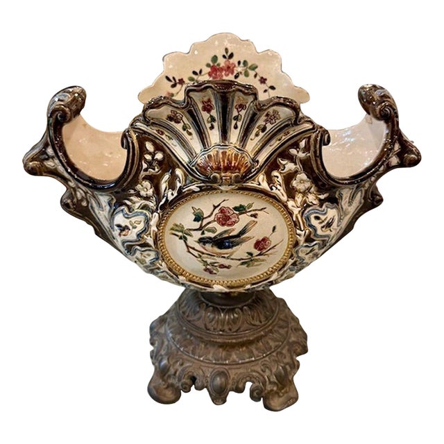 Antique French Majolica and Brass Centerpiece For Sale
