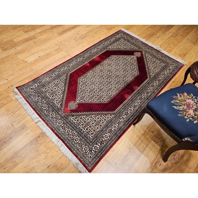 1900 - 1909 Vintage Persian Qum Area Rug, Hand-Knotted Silk, Herati Medallion Pattern, Ivory & Red, 4x6 For Sale - Image 5 of 16