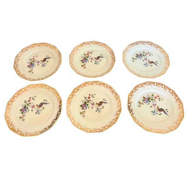 Hand-Decorated Limoges Porcelain Dessert Plates With Bird & Floral Motif, Gilt Trim, 6 P. For 6, Circa 1930 For Sale - Image 6 of 6