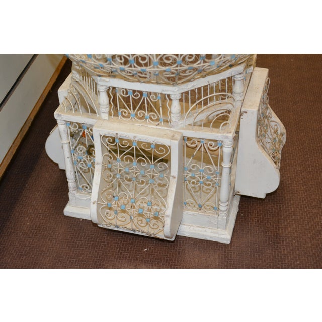 Wood Vintage 1960s Dome Top Balloon Birdcage Cream Blue Wire / Metal & Wood Tunisian Moroccan For Sale - Image 7 of 13