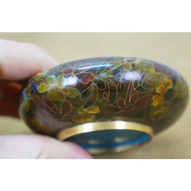 3 Chinese Brass Cloisonne Blue Enameled Floral Bud Vases & Ashtray For Sale - Image 12 of 14