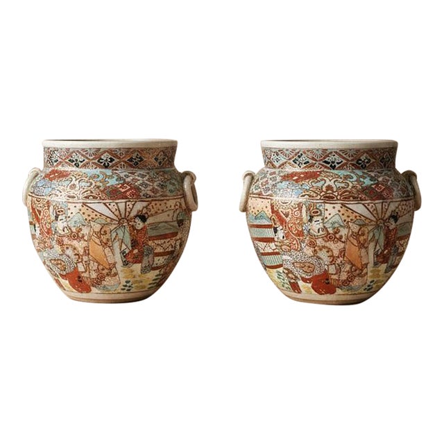 Pair of Japanese Satsuma Jars, Hand Painted Kutani Style Pottery, Vintage Oriental Vases With Handles, Signed Gilded Decor For Sale