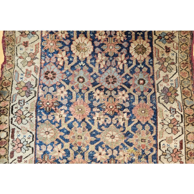 19th Century Kurdish Bidjar Runner Rug, Hand-Knotted Wool, All Over Geometric Pattern, Blue & Ivory, 4x8 For Sale - Image 11 of 14
