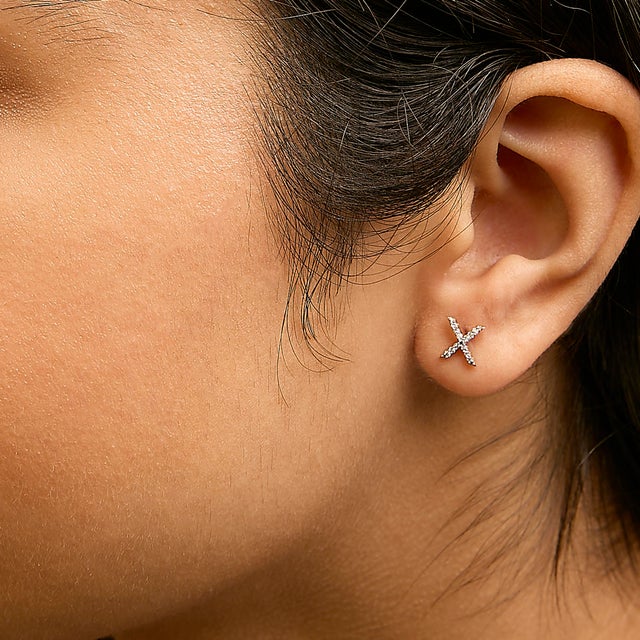 Haus of Brilliance 10K Yellow Gold 1/10 Cttw Diamond 'X' Initial Stud Earring For Sale - Image 4 of 5
