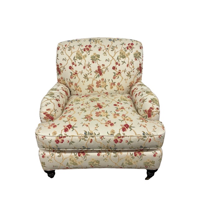Textile Pair of Lee Industries Floral Upholstered Lounge Chairs With Brass Casters For Sale - Image 7 of 12