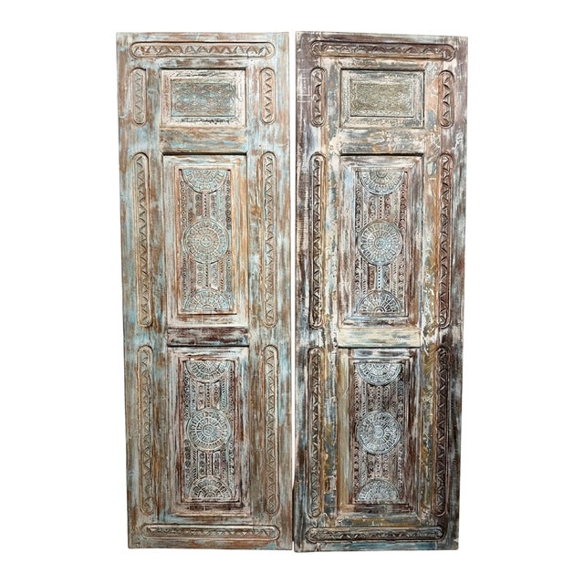 Antique Carved Wooden Door in Distressed Blue | Floral Indian Bedroom Entry Doors 96x31.5 For Sale