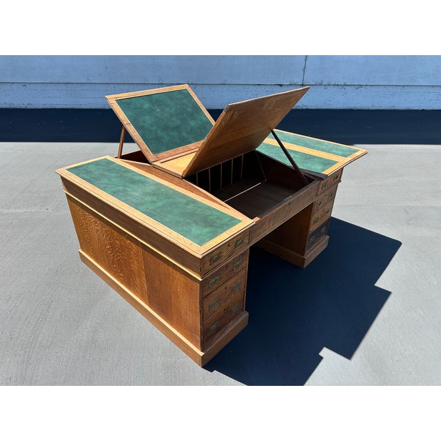 Campaign Antique Double Pedestal Partners British Campaign Desk Solid Oak -Rare Antique-Made in England For Sale - Image 3 of 8