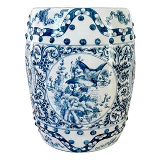 Vintage Blue & White Chinoiserie Porcelain Garden Stool With Double Coin & Floral Medallions For Sale