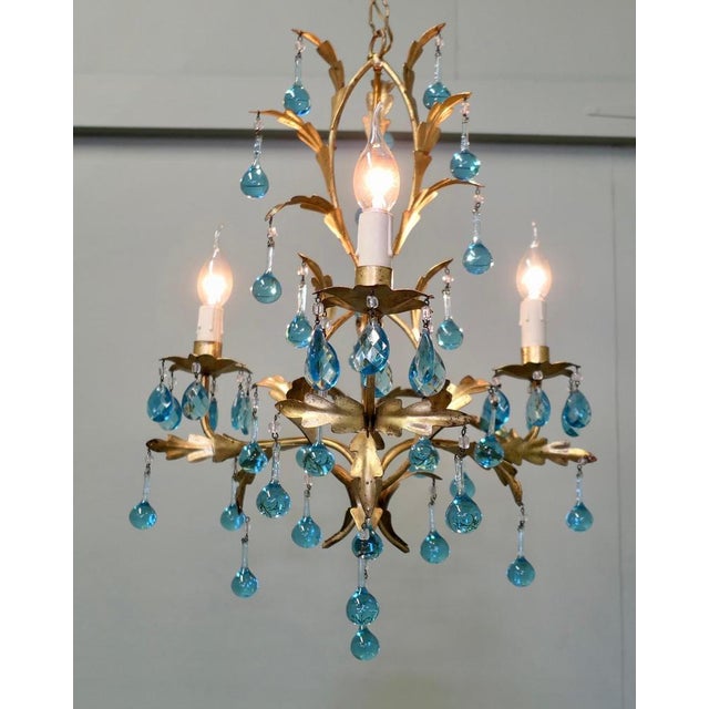 Vintage French Turquoise Crystal and Tolewear Chandelier, 1920 For Sale - Image 6 of 9