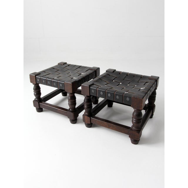 Mid-Century Modern Mid-Century Spanish Revival Leather Strap Stools Pair For Sale - Image 3 of 15