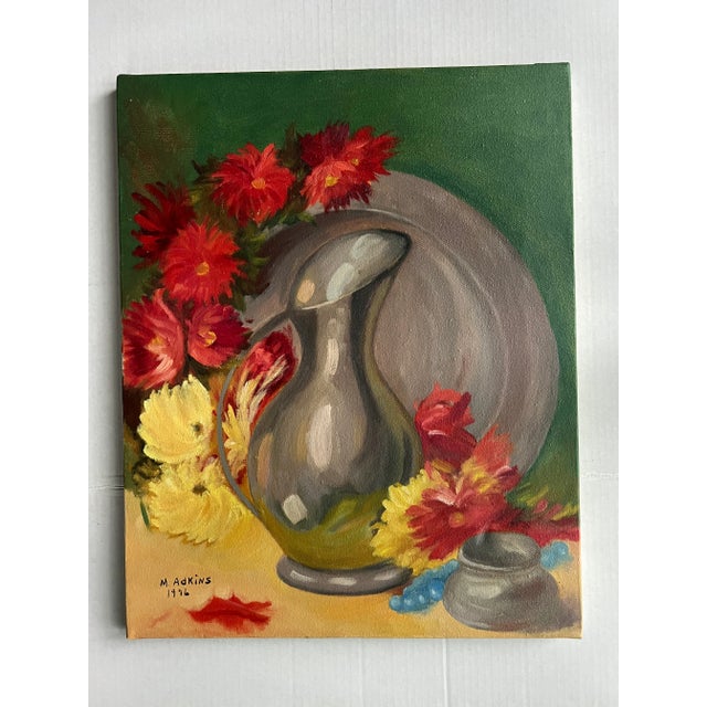 1970s' Vintage Still Life Painting of a Pitcher and Colorful Flowers. A beautiful piece to add to your gallery wall or...
