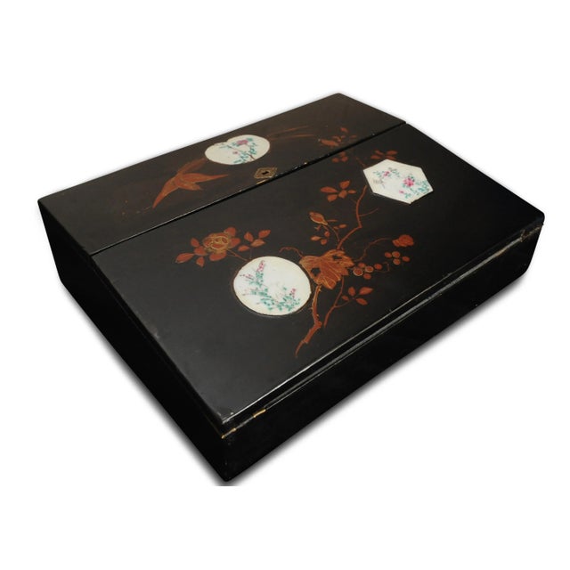 Victorian Japanned Writing Slope with Decorative Enamel Inlays & a Fitted Interior with Black Velvet, Set of 2 For Sale - Image 13 of 13