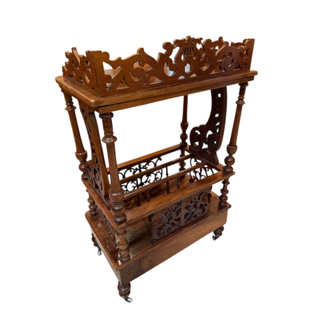 Late 19th Century Victorian Burr Walnut Canterbury / Sheet Music What-Not on Castors — Rich Figured Veneer For Sale - Image 4 of 12