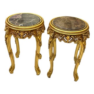 Italian Style Side Table Set With Dark Brown Marble Top & Gold Accents For Sale