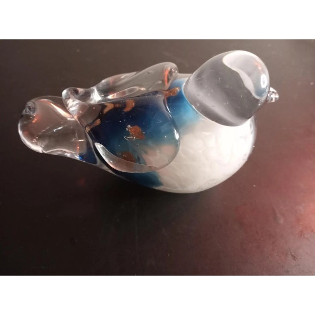This is a Blue/White Blown Art Glass 5" Gold Aventurine Bird Figurine. Beak has flea bite but it dies not distract from piece