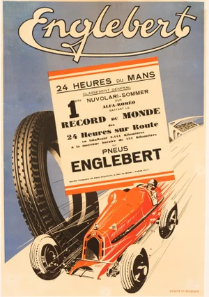 Very Rare 1933 LeMans Racing Poster – Englebert, Alfa Romeo 8c-2300, Nuvolari & Sommer