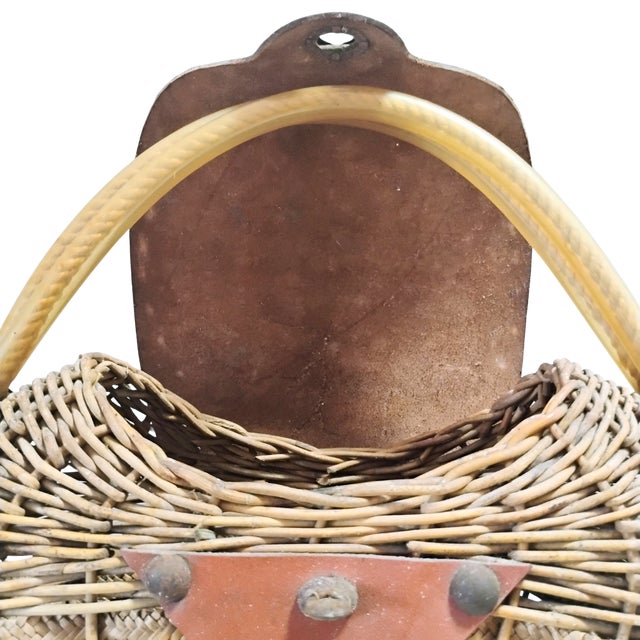 Ooak Mid-Century 1960s Woven Wicker Creel Basket With Leather Flap Tubular Handles For Sale - Image 10 of 17