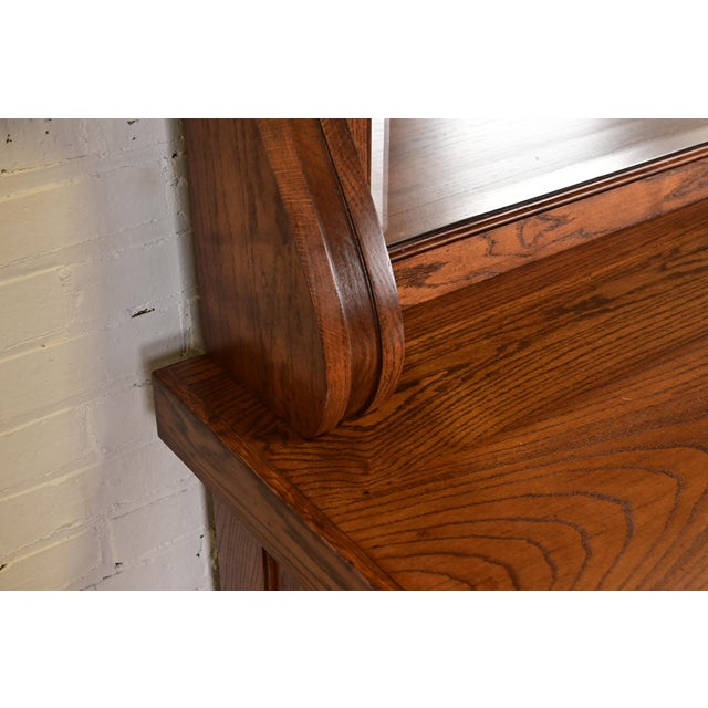 Brown Antique Arts & Crafts Carved Oak Sideboard or Bar Cabinet With Stained Glass Doors, Newly Refinished For Sale - Image 8 of 15
