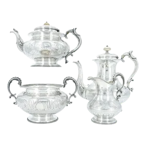 English Silver Plate Four Piece Tea / Coffee Service / Exterior Engraved Details