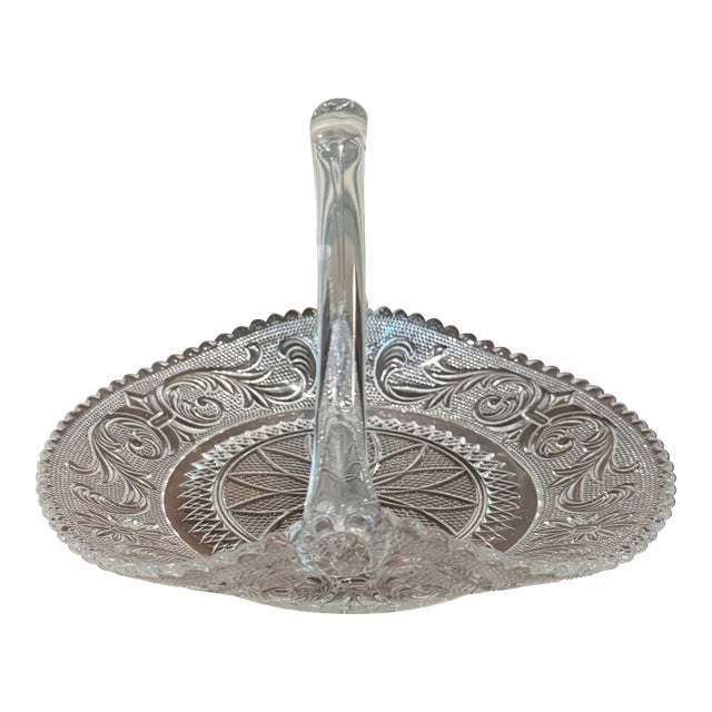 Vintage Pressed Glass Handled Candy/Cookie Basket / Bonbon Dish For Sale