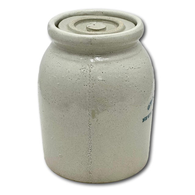 Antique Massachusetts 1 Quart Size Stoneware Oyster Crock - Jar With Hard to Find Original Lid - Circa 1890s For Sale - Image 11 of 18