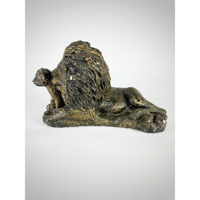 Vintage Lion & Cub Sculpture | Large Bronze Finish Cast Plaster Statue | Hollywood Regency Safari Decor | Ralph Lauren Style For Sale - Image 4 of 10