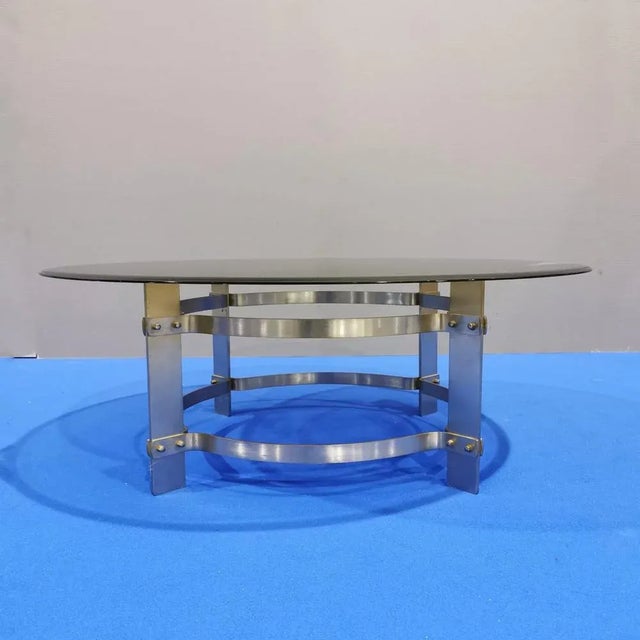 Blue Vintage Round Metal & Glass Coffee Table, 1970s For Sale - Image 8 of 8