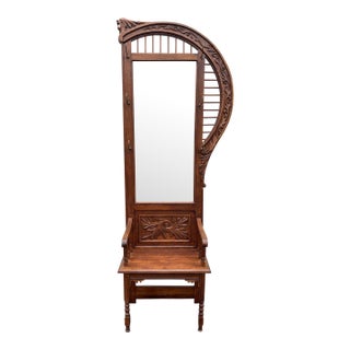 Antique Edwardian American Tiger Oak Mirrored Hall Tree Seat With Carved Motifs For Sale