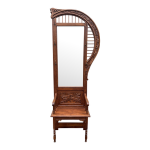 Antique Edwardian American Tiger Oak Mirrored Hall Tree Seat With Carved Motifs