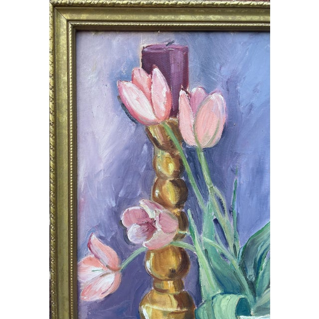 Modern Framed Still Life of Pink Tulips, Candle & Pear For Sale - Image 3 of 7