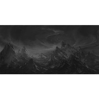 Ascent by Todd Carpenter | Oil on Panel Landscape of dark mountains under a stormy sky For Sale