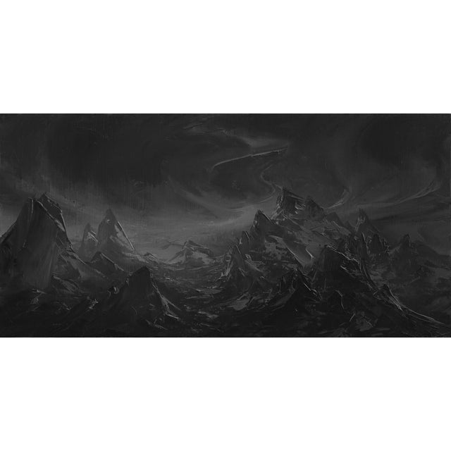 Ascent by Todd Carpenter | Oil on Panel Landscape of dark mountains under a stormy sky For Sale
