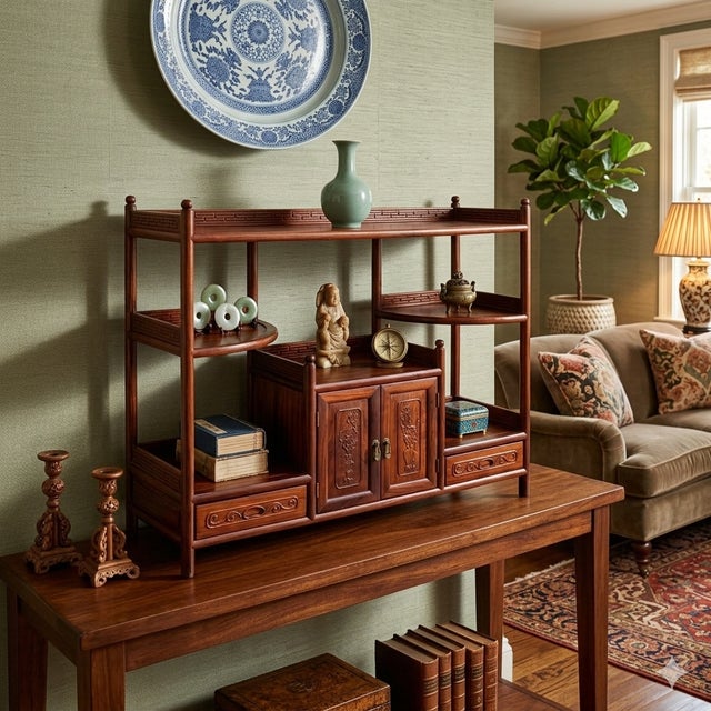 Wood Chinese Huali Light Brown Rectangular Curio Display Stand Side Table For Sale - Image 7 of 7