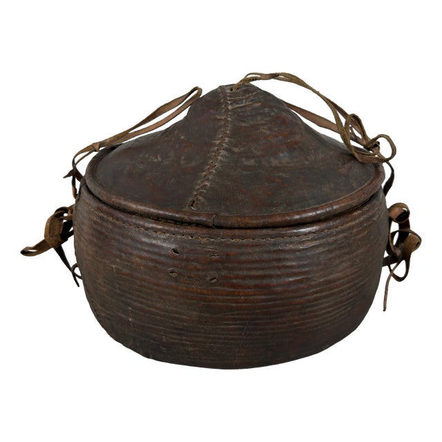 Early 20th Century African Tribal Nomadic Rattan Leather Container Basket with Lid For Sale