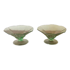 Antique 1920 American Art Glass Light Green Lily Pad Footed Bowls- Set of 2