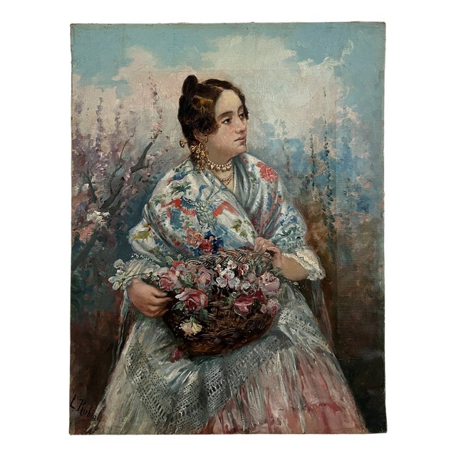 L. Rubia, Young Woman with Shawl and Basket of Flowers, Oil on Canvas, 1920s For Sale
