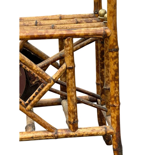 Traditional Vintage Scorched Bamboo Glass Top Side Table With Brass Ball and Hand-Painted Details For Sale - Image 3 of 11