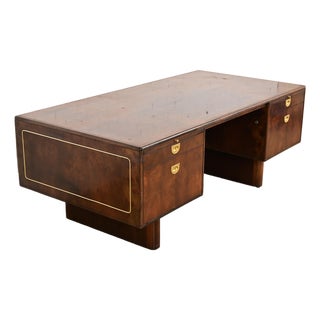 Romweber Mid-Century Modern Hollywood Regency Burl Wood and Brass Executive Desk, Circa 1970s For Sale
