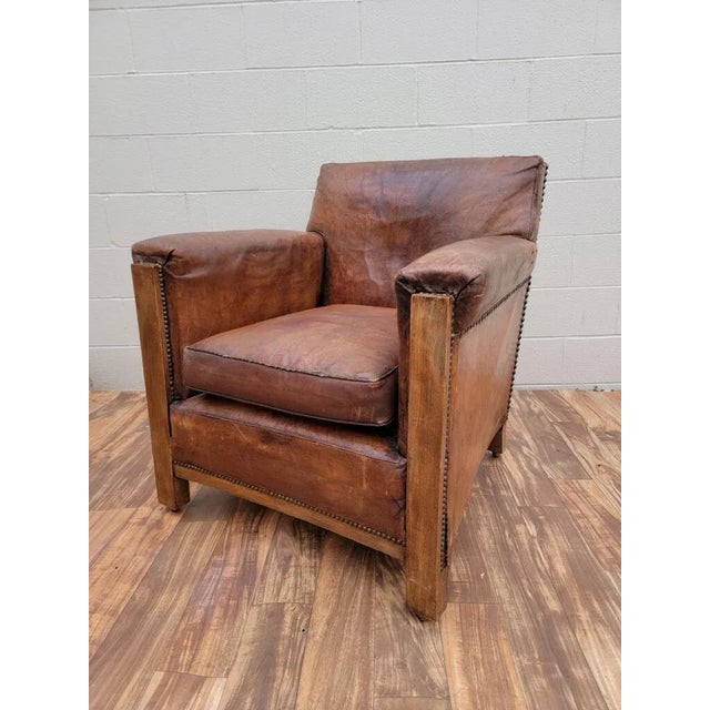 Vintage French Art Deco Distressed Brown Leather Club Chair For Sale - Image 10 of 10