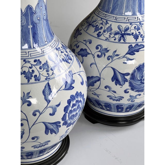 Ceramic Large Pair Chinese Blue & White Bottle-Form Lamps For Sale - Image 7 of 8