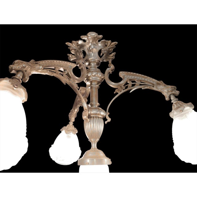 19th Century French Medieval Gothic Revival Bronze Four-Light Chandelier with Frosted Glass with Gryphons Gargoyles Dragons, 1890s For Sale - Image 9 of 13