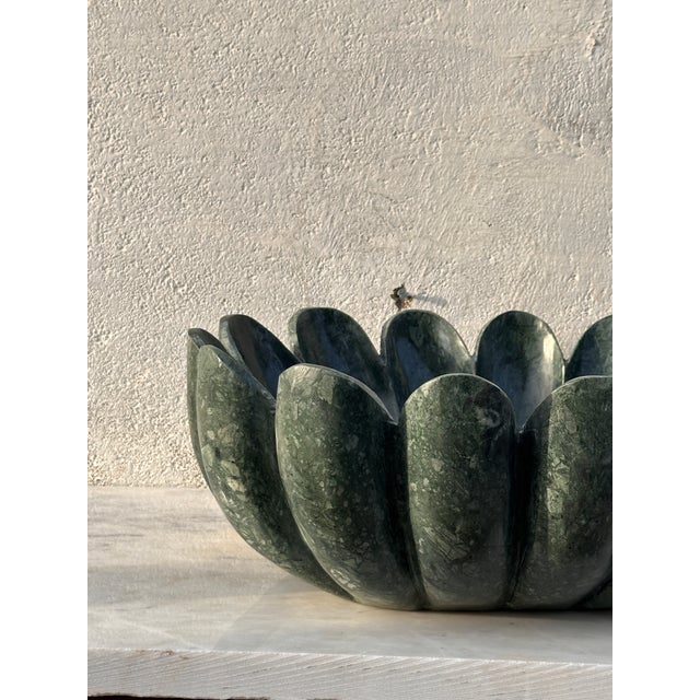2020s Hand-Carved Verde Guatemala Marble Lotus Sink – 16” Sculptural Stone Basin For Sale - Image 5 of 13