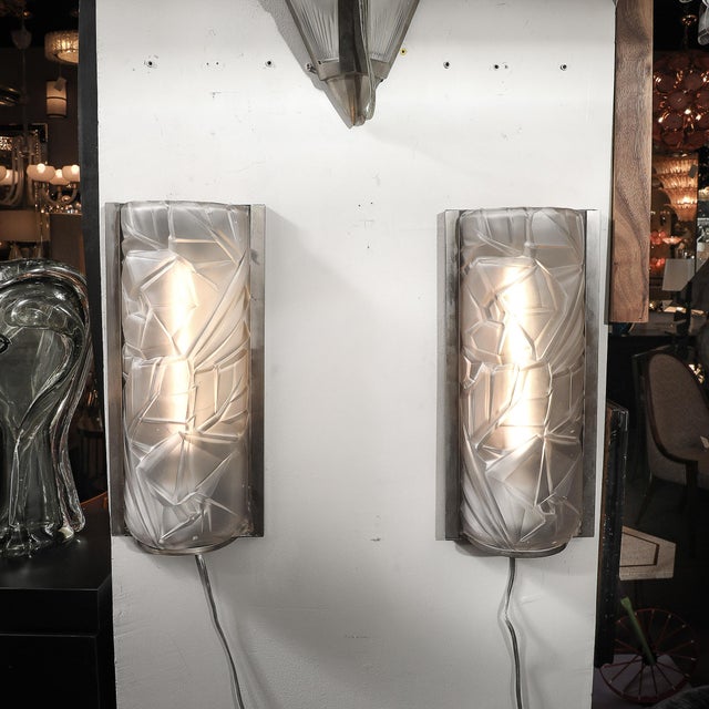 Art Deco Molded & Frosted Glass W/ Abstract Cubist Geometric Motif Sconces For Sale - Image 13 of 18