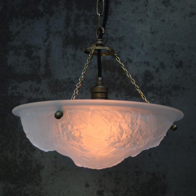 1920s Art Nouveau French Brass and White Pressed Glass Pendant Light, 1920s For Sale - Image 5 of 8