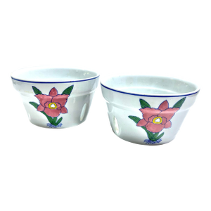Pair of 1980s Porcelain Ventilated Orchid Cachepots With Floral Motif