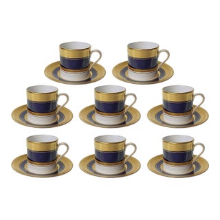 Late 20th Century Royal Worcester Malvern Blue Cobalt & Gilt Coffee Can Cup Saucer Set 8 - 16 Pc For Sale